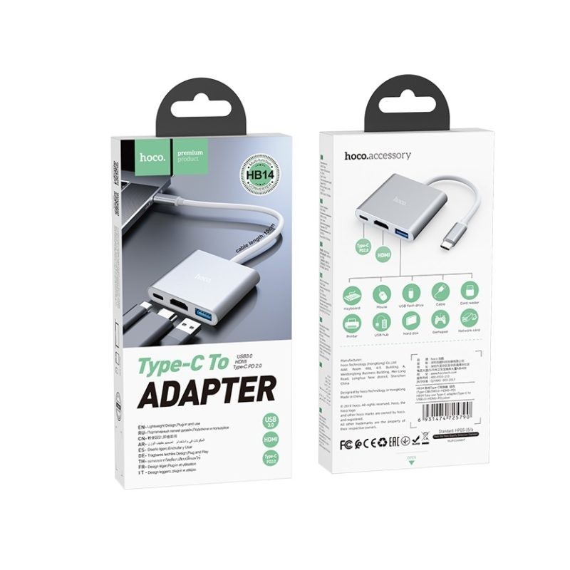 Adapteris HOCO HB14 type-C to (USB 3.0, HDMI, PD) sidabrinis