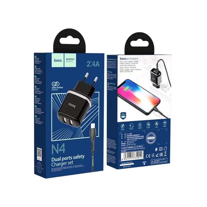 Ikroviklis HOCO N4 Aspiring Dual USB + lightning kabelis (5V 2.4A) juodas
