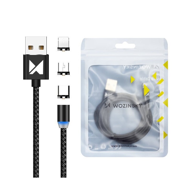 USB kabelis Wozinsky (WMC-01) Magnetic 3in1 lightning+micro+type-C (2.4A) 1m juodas