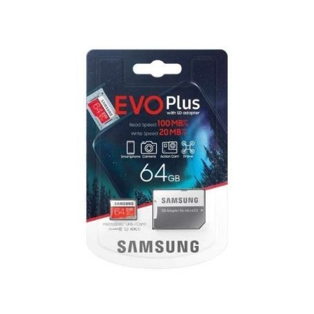 Atminties korta SAMSUNG EVO PLUS MicroSD 64GB (class10 UHS-I 100MB/s) + SD Adapteris