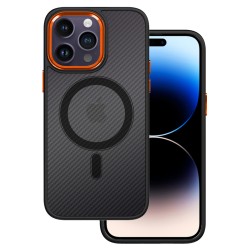 Dėklas Carbon Magnetic Apple iPhone 12 / 12 Pro MagSafe juodas su oranžine