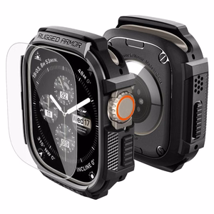 Spigen Rugged Armor dėklas ir 9H grūdintas stiklas Apple Watch Ultra 49 mm, matinis juodas