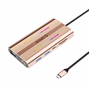 Orico XDR 12 viename RGB USB-C prijungimo stotelė USB-A USB-C PD 100W 2x HDMI 4K 60Hz VGA RJ45 Gigabit SD ir microSD kortelių skaitytuvas - rožinis auksas