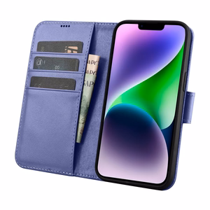 iCarer Piniginės dėklas 2in1 viršelis iPhone 14 Plus Anti-RFID odinis atverčiamas dėklas šviesiai violetinis (WMI14220727-LP)