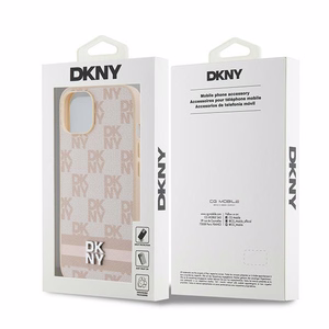 DKNY Leather Checkered Mono Pattern & Printed Stripes dėklas, skirtas iPhone 15 / 14 / 13, rožinis