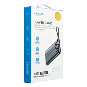 Išorinė baterija POWER BANK VEGER C10 10000mAh (USB,USB-A,Type-C,MicroUSB,lightning) juoda