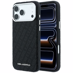 Karl Lagerfeld Grained Allover Logo Metal Elongated MagSafe dėklas, skirtas iPhone 18 Pro / 17 Pro, juodas