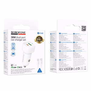 Borofone BZ34B Cloud USB + Type-C QC3.0 PD 38W automobilinis įkroviklis su Type-C į Type-C laidu, baltas