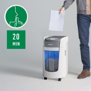 Leitz IQ OptiMax Home Office 225 dokumentų naikiklis Smulkinimas itin mažais gabalėliais 58 dB Pilka, Balta