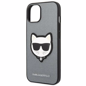 Karl Lagerfeld Saffiano Choupette Head Patch dėklas telefonui iPhone 14 Plus - sidabrinis