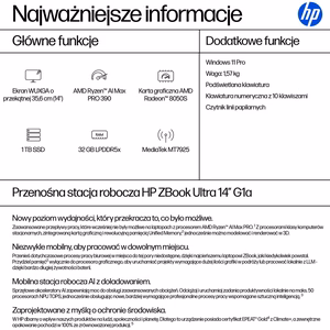 HP ZBook Ultra G1a Copilot+ PC AMD Ryzen AI Max PRO 390 Mobilusis darbo stoties kompiuteris 35.6 cm (14") WUXGA 32 GB LPDDR5x-SDRAM 1 TB SSD Wi-Fi 7 (802.11be) Windows 11 Pro AI Workstation, AI PC Silver