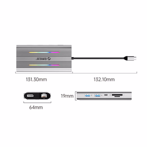 Orico XDR 12 viename RGB USB-C prijungimo stotelė USB-A USB-C 2x HDMI 4K 60Hz DisplayPort 4K 60Hz RJ45 Gigabit PD 100W SD ir microSD kortelių skaitytuvas - sidabrinė
