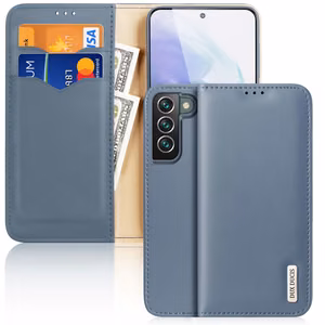 Dux Ducis Hivo odinis atverčiamas dėklas natūralios odos piniginė kortelėms ir dokumentams Samsung Galaxy S22 + (S22 Plus) mėlynas