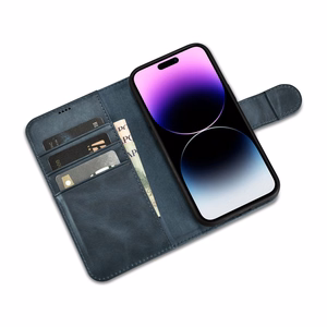 iCarer Aliejaus Vaško Piniginės Dėklas 2in1 Dangtelis iPhone 14 Pro Max Odinis Atverčiamas Dėklas Anti-RFID Mėlynas (WMI14220724-BU)