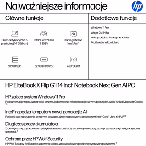 HP EliteBook X Flip G1i Next Gen AI PC Copilot+ PC Intel Core Ultra 7 258V 2-in-1 Nešiojamas kompiuteris 35.6 cm (14") 2.5K Jutiklinis ekranas 32 GB LPDDR5x SDRAM 512 GB SSD Wi-Fi 7 (802.11be) Windows 11 Pro Blue