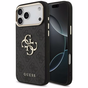 Guess PU Leather 4G Metal Logo Gold Frame case for Apple iPhone 18 Pro Max, Black