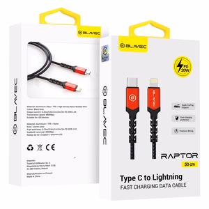 Blavec kabelis Raptor pintas - Type C į Lightning - PD 20W 2,4A 0,5 metro Apple CarPlay (CRA-CL24BR05) juodas ir raudonas