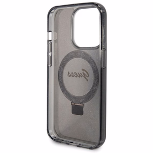 Guess Ring Stand Script Glitter Magnetinis dėklas telefonui iPhone 14 Pro - juodas