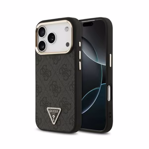 Dėklas Guess PU Leather 4G Strass Triangle Logo Gold Frame MagSafe Apple iPhone 18 Pro Max juodas