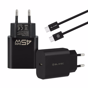 Blavec Sieninis įkroviklis BC-7 GaN4 - Type C - PD QC 45W 3A su Type C į Type C kabeliu (TCBC7G4-CB453A+CC) juodas