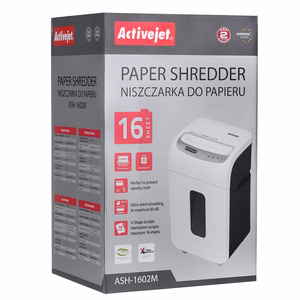 Activejet ASH-1602M dokumentų naikiklis Smulkinimas itin mažais gabalėliais 60 dB 22,8 cm Juoda, Sidabras, Balta