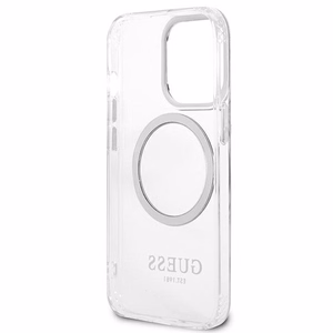 Guess Metal Outline Magnetinis MagSafe dėklas telefonui iPhone 13 Pro / iPhone 13 - sidabrinis