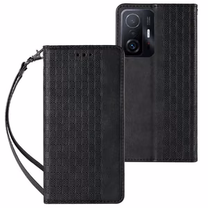 Magnetinis dėklas telefonui su dirželiu, pinigine ir mažu pakabuku (Xiaomi Redmi Note 11 Pro) - juodas