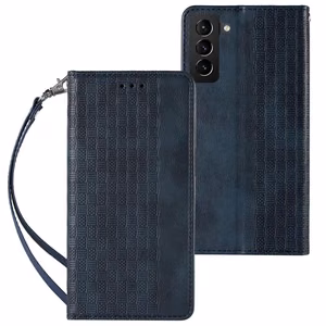 Magnetinis dėklas telefonui Samsung Galaxy S22+ (S22 Plus) su dirželiu, pinigine ir mažu pakabuku - mėlynas
