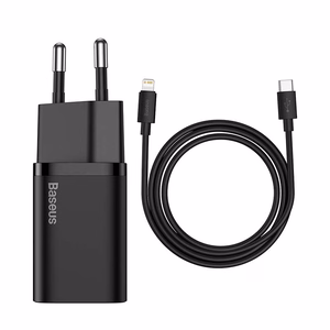 Baseus Super Si 20W USB-C įkroviklis + USB-C – Lightning kabelis 1 m, juodas