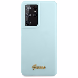 Dėklas telefonui Guess GUHCS21LLSLMGLB S21 Ultra G998 mėlynas/mėlynas kietasis dėklas Silikon Script Metal Logo