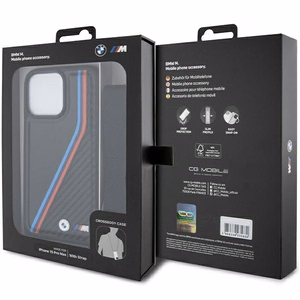 BMW M Edition anglies trispalvės linijos ir dirželis dėklas telefonui iPhone 15 Pro - juodas