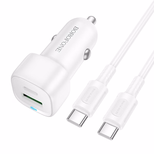 Borofone BZ34B Cloud USB + Type-C QC3.0 PD 38W automobilinis įkroviklis su Type-C į Type-C laidu, baltas