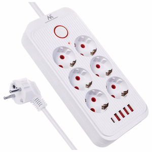 Maclean elektros paskirstytuvas, 6 lizdai + 4xUSB prailginimo laidas, 110–240 V kintama srovė, 50/60 Hz, 2,1 A, maks. 2500 W, 1,5 m, baltas, MCE389 W
