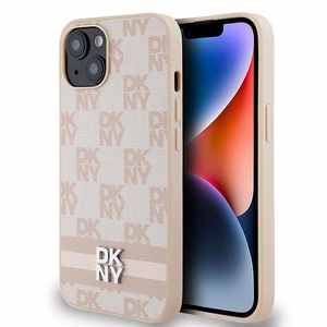 DKNY Leather Checkered Mono Pattern & Printed Stripes dėklas, skirtas iPhone 15 / 14 / 13, rožinis