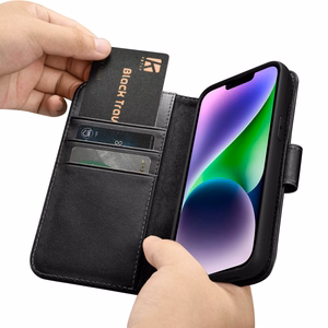 iCarer Piniginės dėklas 2in1 viršelis iPhone 14 Plus Anti-RFID odinis atverčiamas dėklas juodas (WMI14220727-BK)