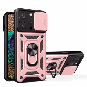 iPhone 15 Pro Max Hibridinis šarvuotas Camshield dėklas su stovu ir kameros dangteliu - rožinis