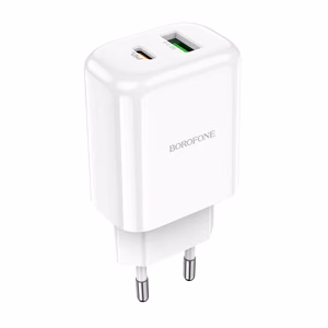 Borofone BN4 Potential USB+Type-C QC 3.0 PD 2.0 20W sieninis įkroviklis, baltas