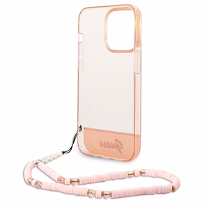 Guess GUHCP14XHGCOHP iPhone 14 Pro Max 6.7" rožinis/rožinis kietas dėklas Translucent Pearl Strap