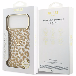 Guess leopardinis blizgus magnetinis dėklas telefonui iPhone 17 Pro rudas