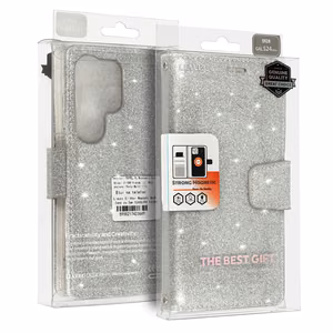 Glitter Magsafe knygos stiliaus dėklas Samsung Galaxy S22 Ultra sidabrinis