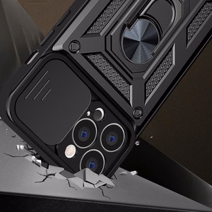 Hybrid Armor Camshield dėklas telefonui Realme 10 Pro+ šarvuotas dėklas su kameros dangteliu juodas