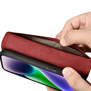iCarer Piniginės dėklas 2in1 viršelis iPhone 14 Plus Anti-RFID odinis atverčiamas viršelis raudonas (WMI14220727-RD)
