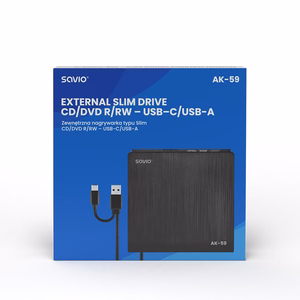SAVIO AK-59 Išorinis plonas R/RW CD/DVD įrašymo įrenginys - USB-C/USB-A, juodas