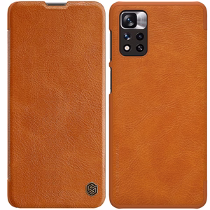 Nillkin Qin dėklas telefonui Xiaomi Redmi Note 11 Pro+ (Kinija) / Redmi Note 11 Pro (Kinija) / Mi11i HyperCharge apsauginis kameros dėklas su stovu rudas