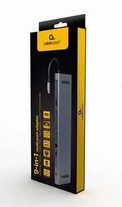 Gembird A-CM-COMBO9-01 USB Type-C 9-in-1 многопортовый адаптер (USB-концентратор + HDMI + VGA + PD + кардридер + LAN + аудио 3.5 mm), серый космос
