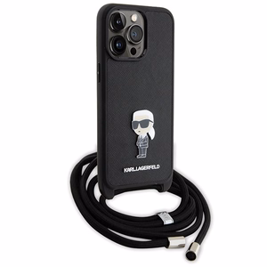 Karl Lagerfeld kryžminis Saffiano monograma metalinis ženkliukas Karl & Choupette dėklas telefonui iPhone 15 Pro Max - juodas