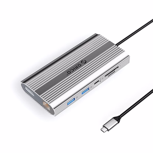 Orico XDR 12 viename USB-C prijungimo stotelė USB-A USB-C 2x HDMI 4K 60Hz DisplayPort 4K 60Hz RJ45 Gigabit PD 100W SD ir microSD kortelių skaitytuvas - sidabrinė