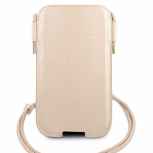 Guess Saffiano Pouch telefono rankinė, S / M dydžio, telefonams iki 6.1", aukso spalvos
