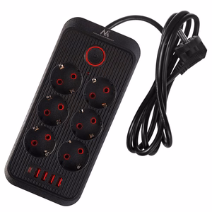 Maclean elektros paskirstytuvas, 6 lizdai + 4xUSB prailginimo laidas, 110–240 V kintama srovė, 50/60 Hz, 2,1 A, maks. 2500 W, 1,5 m, juodas, MCE389 B