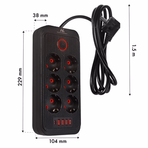 Maclean elektros paskirstytuvas, 6 lizdai + 4xUSB prailginimo laidas, 110–240 V kintama srovė, 50/60 Hz, 2,1 A, maks. 2500 W, 1,5 m, juodas, MCE389 B